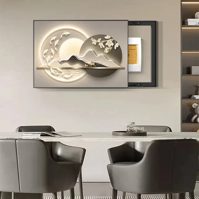 现代轻奢电表箱装饰画九鱼图山水餐厅配电箱挂画开关电闸遮挡壁画