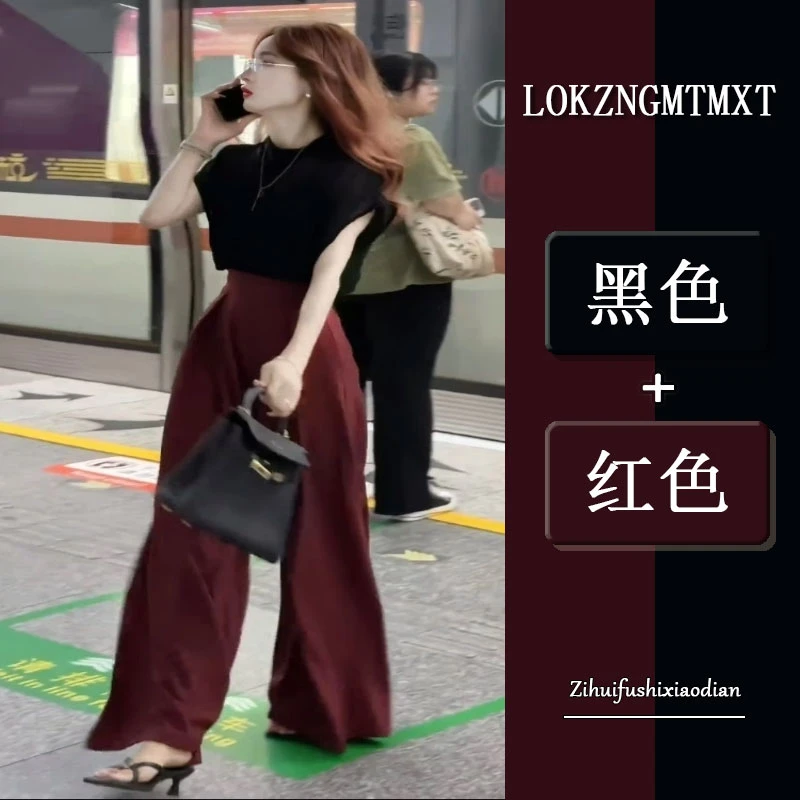 今年流行的夏装气质女神范高端红色裤子女装套装轻奢高级感女人味