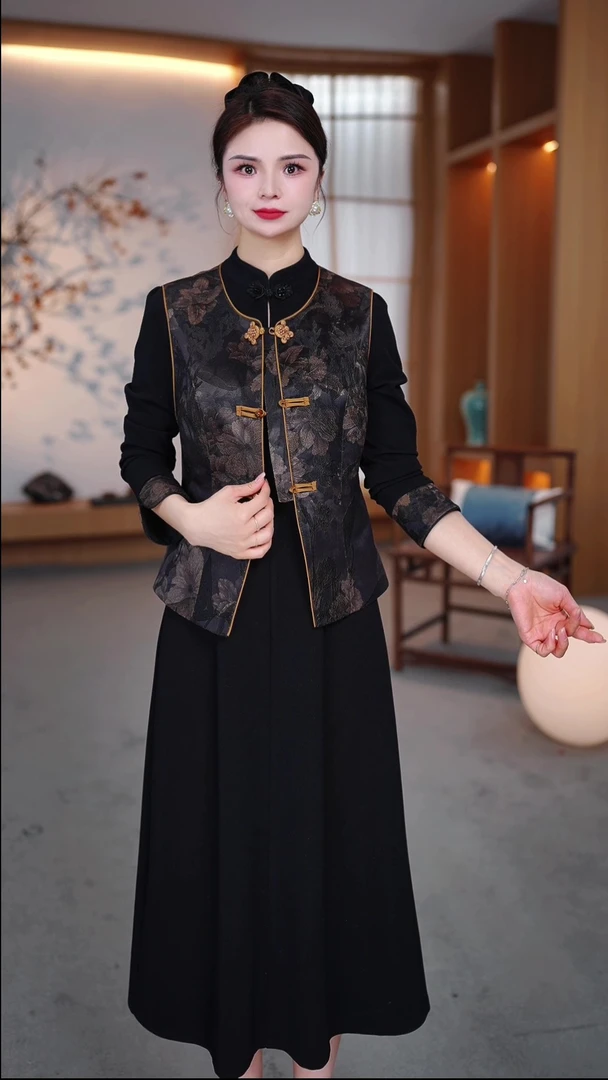 2025春秋新款两件套旗袍中长款妈妈装两件套连衣裙ZRF-25134