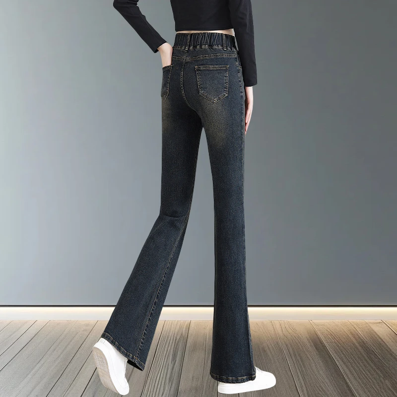 牛仔裤女款爆款2025新款松紧腰微喇裤女春季大码高腰马蹄喇叭裤子
