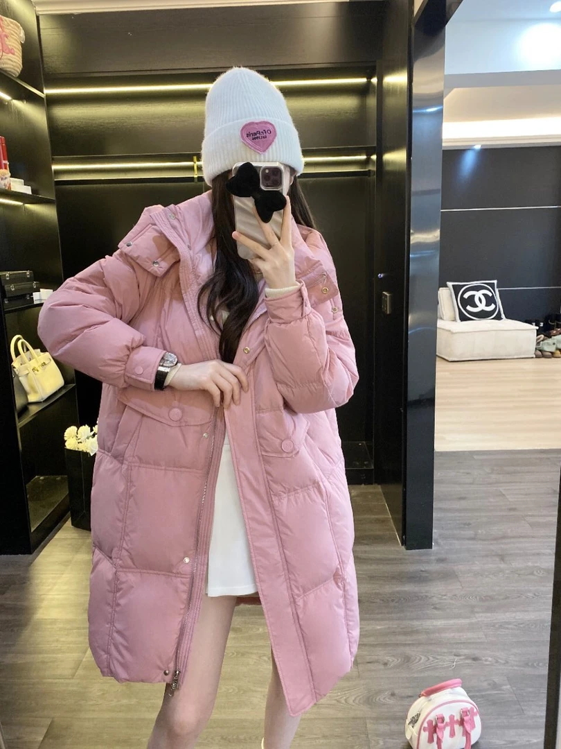 新款韩版宽松羽绒服女中长款M扣百搭保暖连帽收腰白鸭绒外套