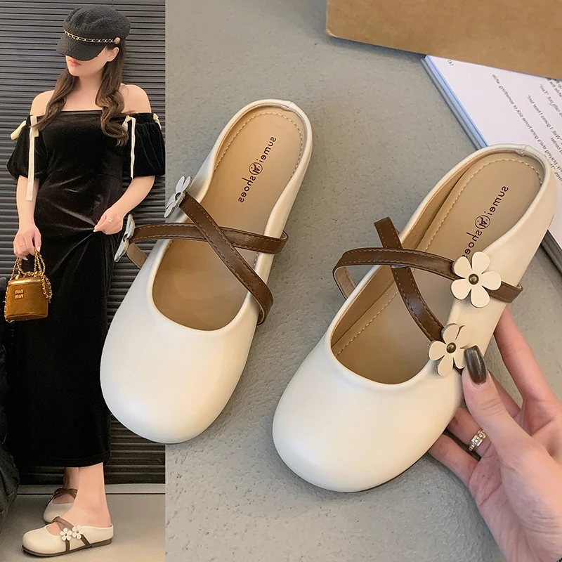 玛丽珍包头半拖鞋女外穿2025新款春夏季平底半托女鞋海边外出凉拖