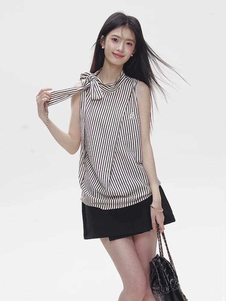 影序蝴蝶结挂脖无袖上衣女a字包臀半裙套装两件套