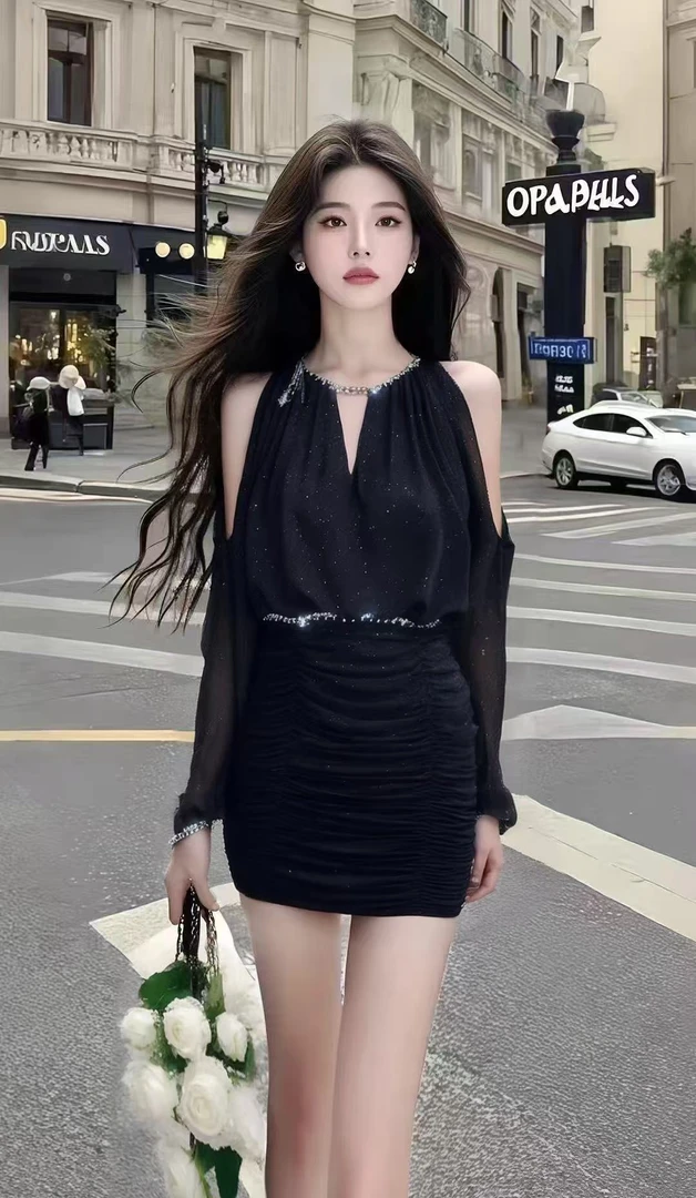 轻奢时尚优雅气质名媛黑色修身收腰包臀长袖露肩连衣裙女显瘦短裙