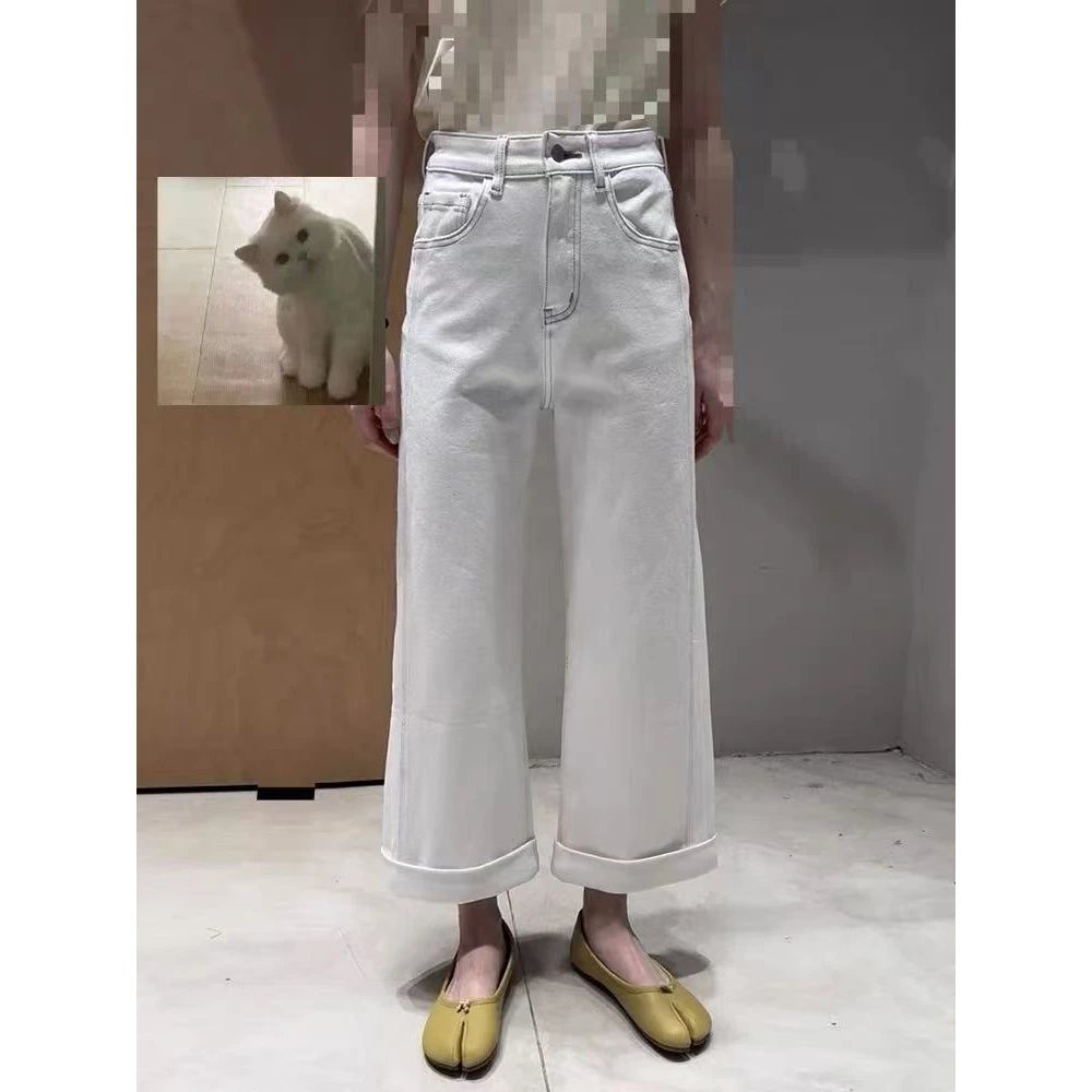 289-1牛仔裤女春新款高腰宽松卷边九分阔腿裤