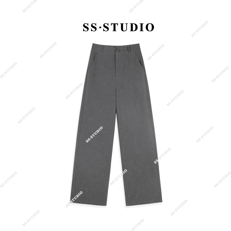 【SUSU】（配腰带）灰色气质高腰显瘦显高休闲百搭直筒裤SS-5083