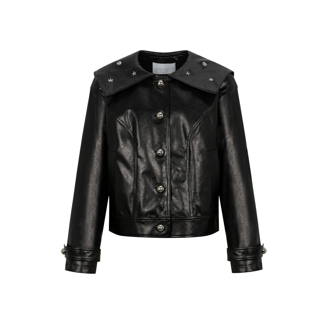 Three Quarters 26SS松烟墨色重磅珠管绣海军领皮衣外套女款1153