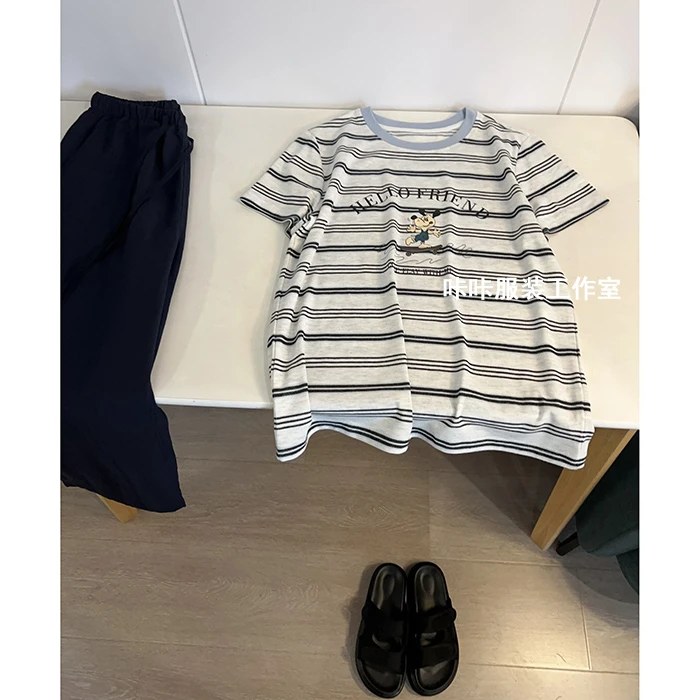 REKAYYAT“乐园”夏季新款圆领正肩条纹拼色短袖时尚条纹小狗T恤