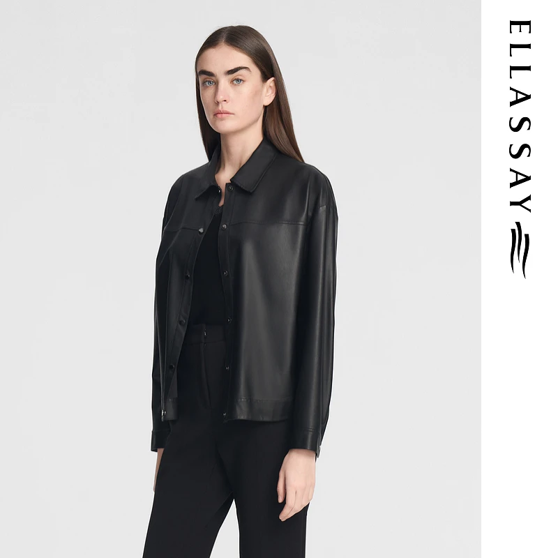 ELLASSAY歌力思早秋新款羊皮革翻领单排扣气质皮衣女EWE353X00800