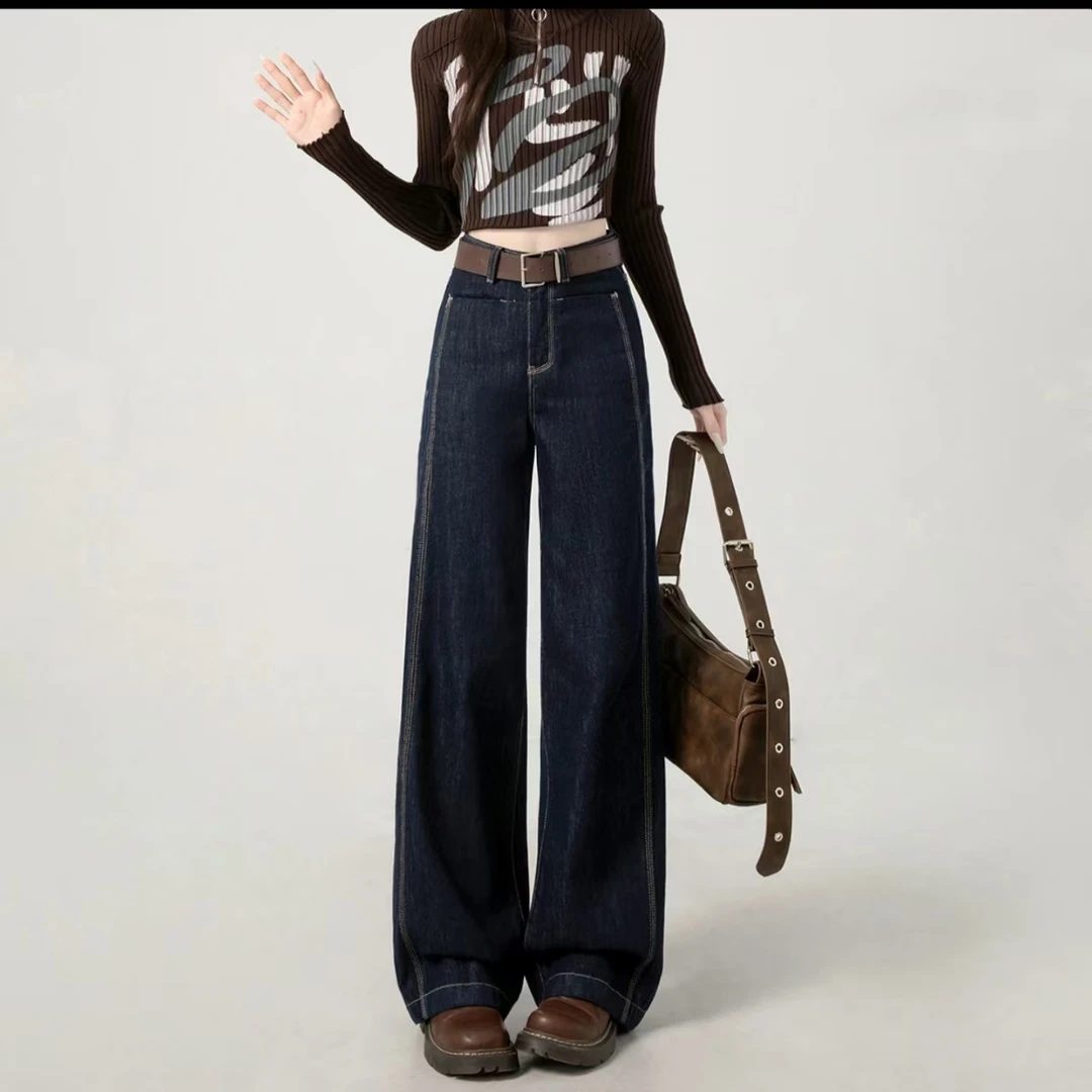 春季新款高腰窄版阔腿直筒牛仔裤小个子显瘦百搭阔腿牛仔8008