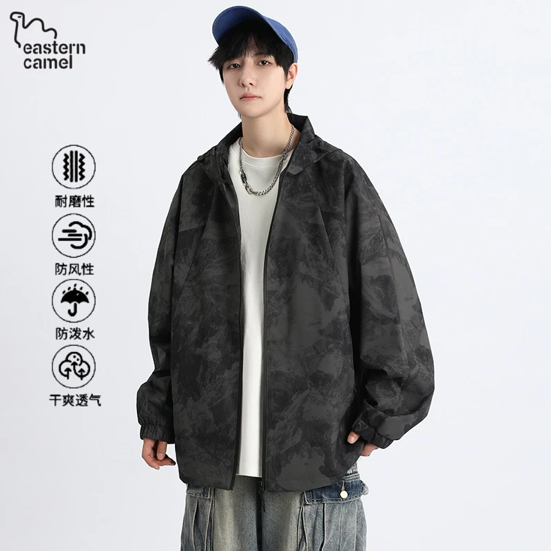 东方骆驼户外连帽外套男士秋季美式工装潮牌休闲宽松防风夹克男装