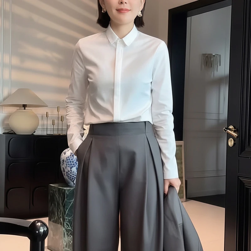 极简风设计纯色中袖白色衬衫女夏季新款小众气质减龄显瘦通勤上衣