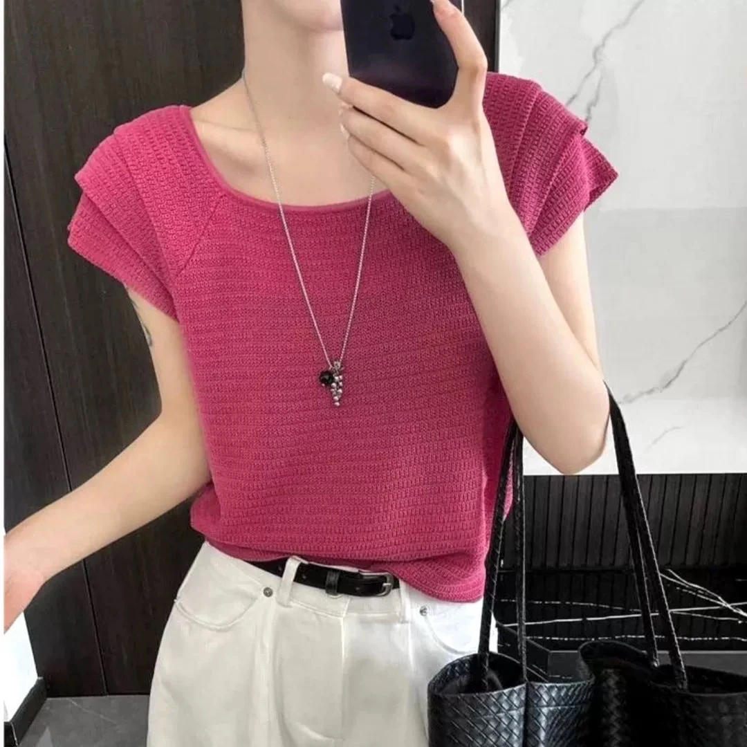 2025夏季新款爆款韩系设计感针织衫女百搭休闲飞飞袖上衣