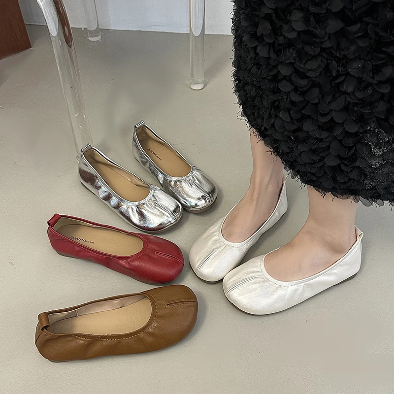 复古银色平底奶奶鞋女2025新款软底分趾单鞋一脚蹬芭蕾舞鞋