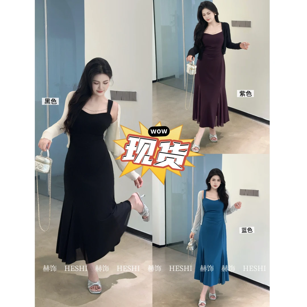 现货【嘎嘎】大码胖mm夏季显瘦收腰气质设计感开衫网纱连衣裙07030D
