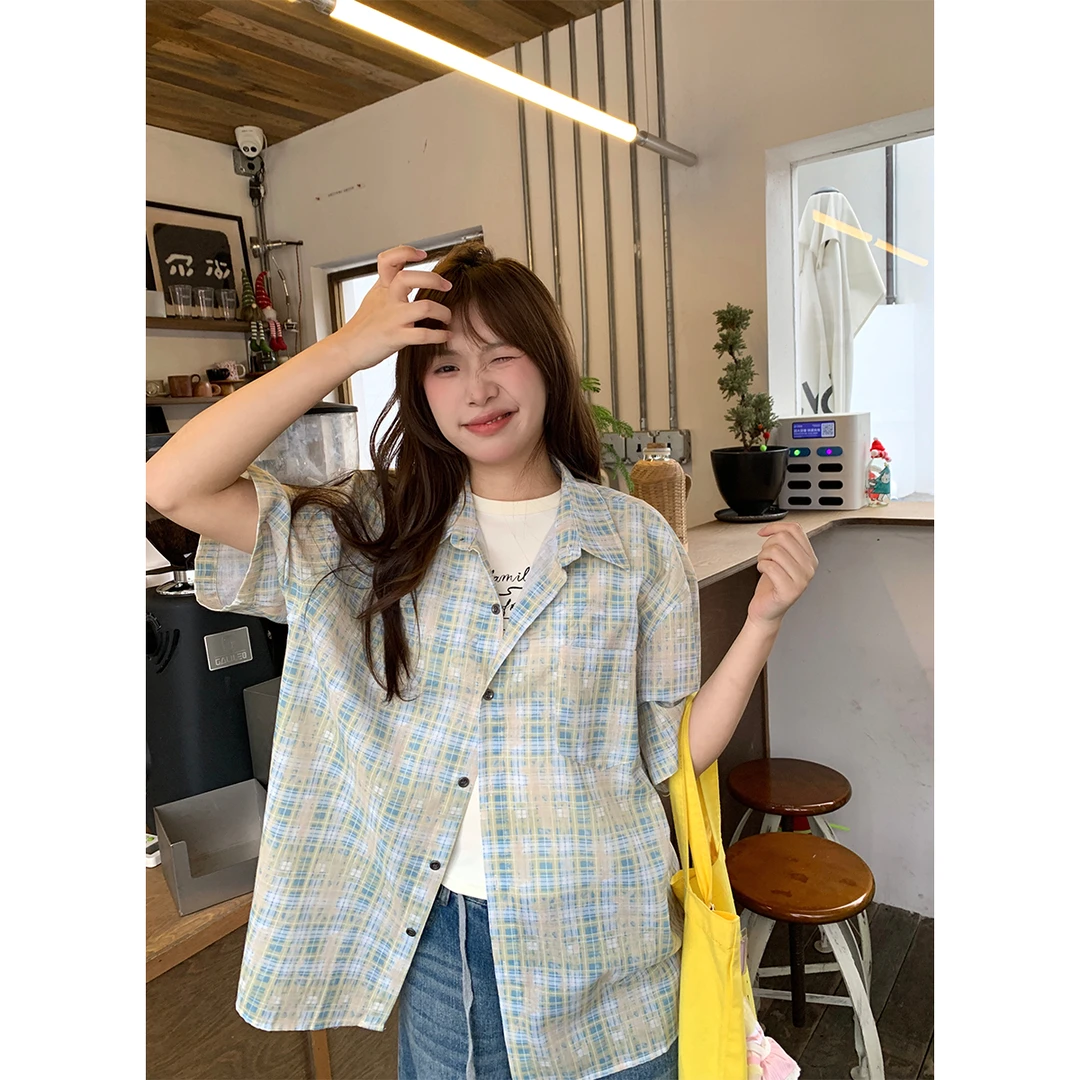 NIDEBLACK韩系少女夏季清新拼色格子短袖衬衫休闲外套宽松上衣女