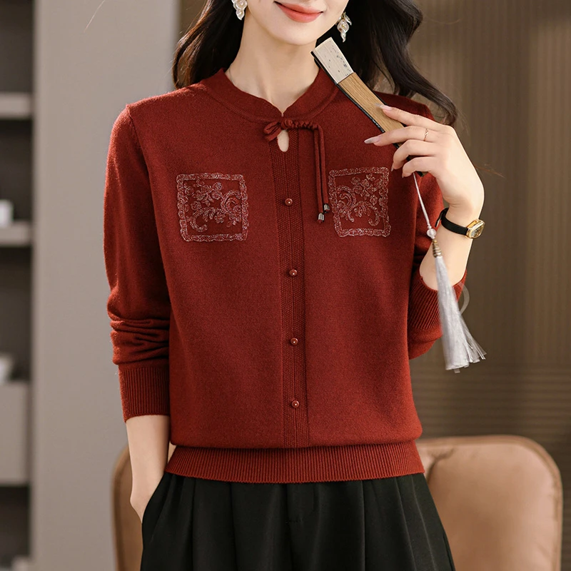 中老年女装红色毛衣春秋2025新款妈妈气质针织打底衫中式上衣小衫