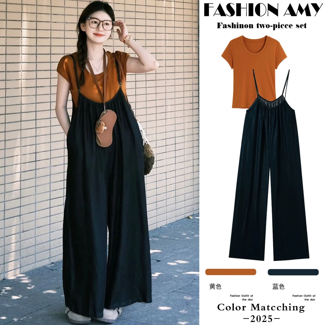 孕妇背带裤套装夏装新款洋气时尚显瘦T恤上衣宽松休闲阔腿连体裤1