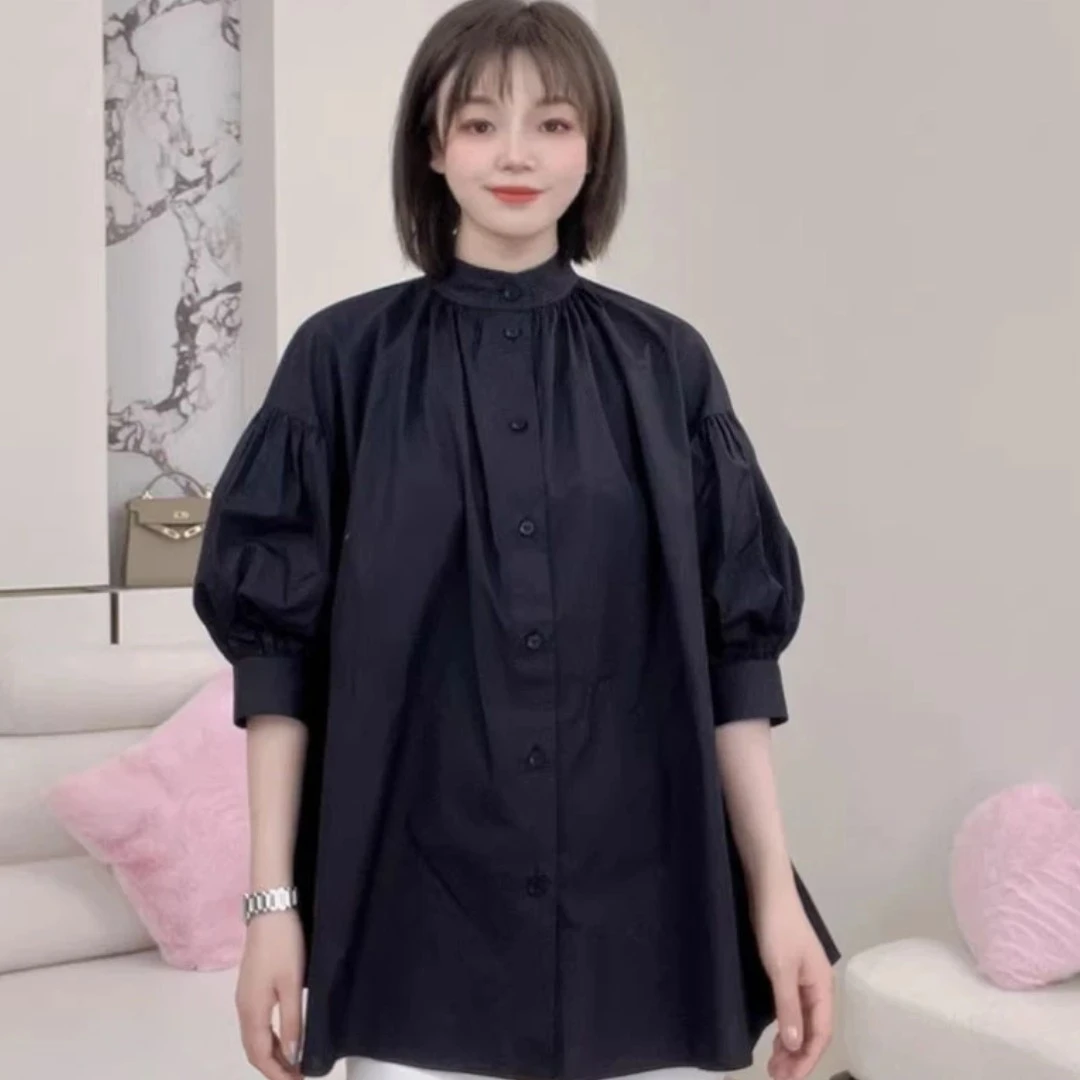 阿玛施新中式复古小立领短袖廓形纯色气质衬衫5301060
