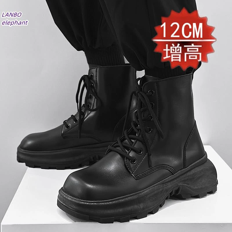 爆红马丁靴男隐形内增高男鞋12cm10cm春季英伦风厚底真皮时装短靴