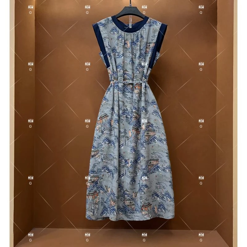 【齐】夏季新款复古时尚百搭印花无袖连衣裙 H-151