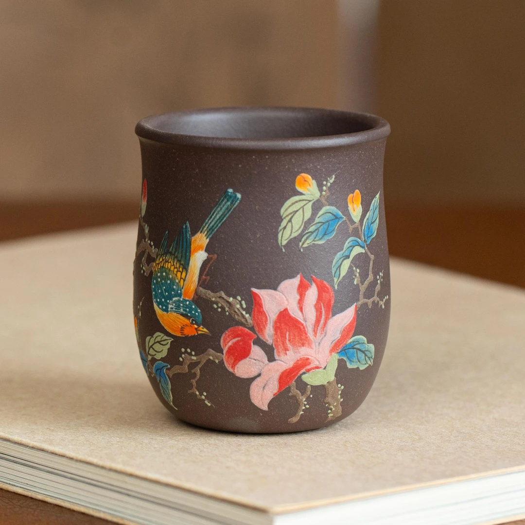 7198 原矿紫砂茶具天青泥堆绘花鸟主人杯150cc左右 FSY