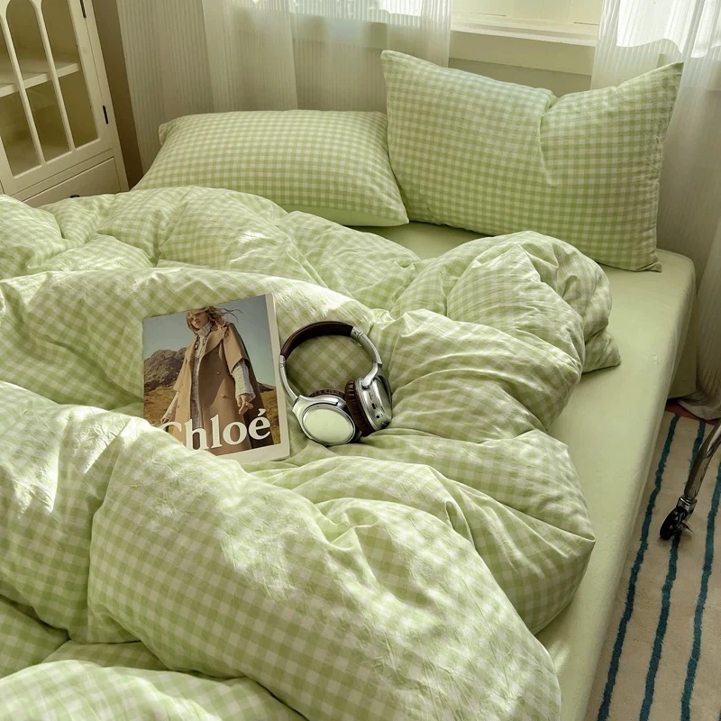 200*230简约小绿格四件套全消光牛奶绒加厚保暖床裙冬季