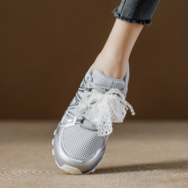 欧洲站丝绸系带春夏季网面透气老爹鞋女2025新款时尚百搭运动鞋女