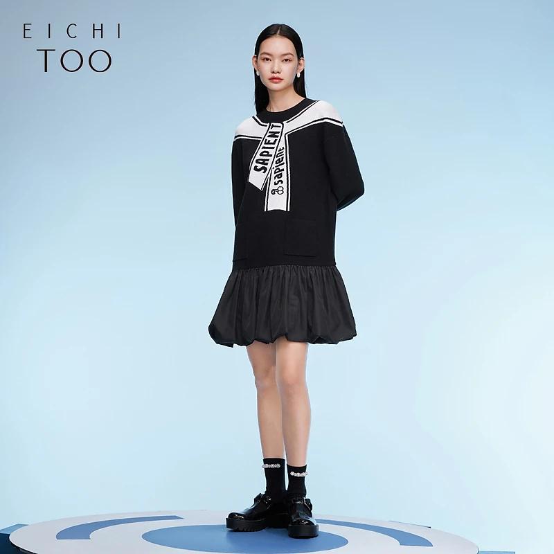 爱居兔女装基础圆领拼接针织衫长袖连衣裙花苞裙EQLSJ3M004A