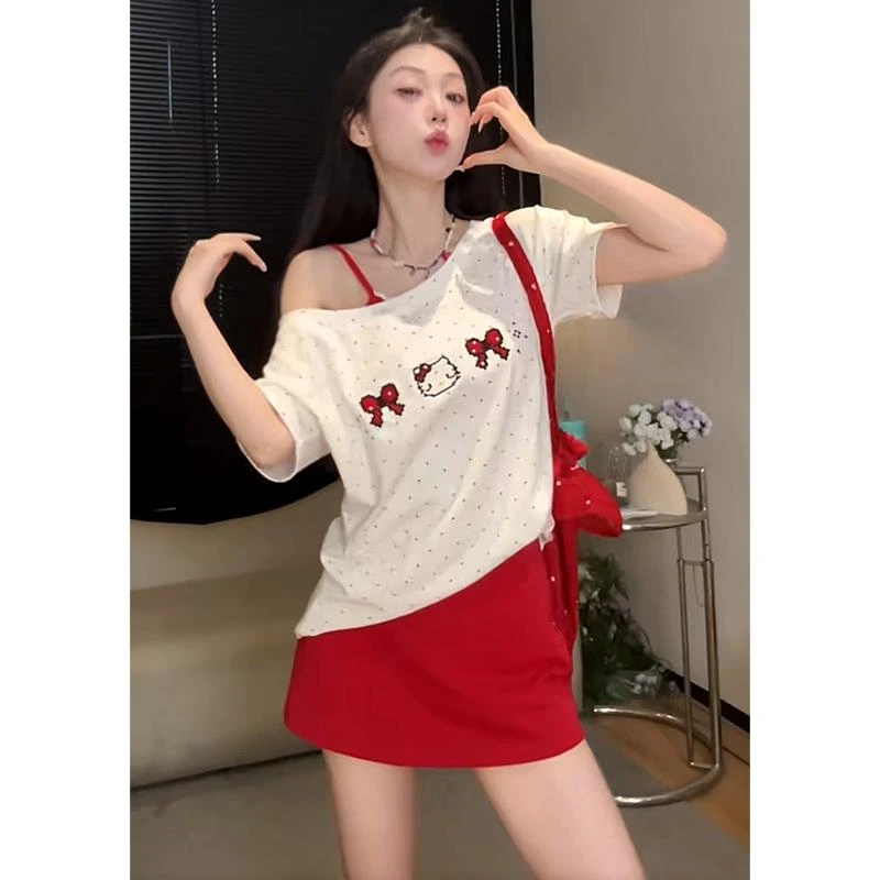 【全额运补】韩系甜妹多巴胺kitty斜肩短袖t恤女夏季新品显瘦修身百