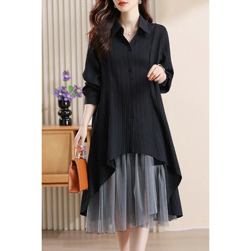 新品感女神范长款衬衫纱网拼接吊带裙两件套春季大码女装遮肚套装