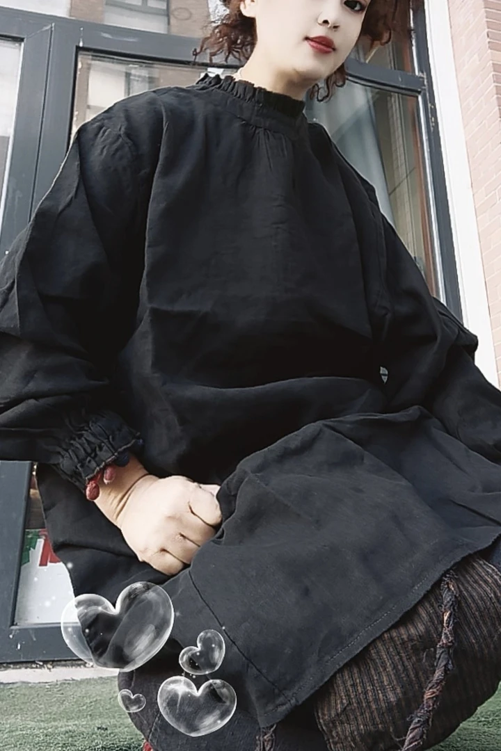 无吊牌水洗做旧黑木耳领紧袖口麻衬衫