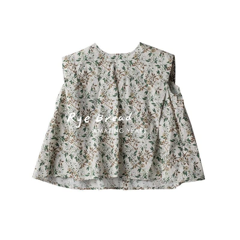 ryebread/黑面包童装 韩系纯棉女中大童碎花圆领无袖小衫4夏