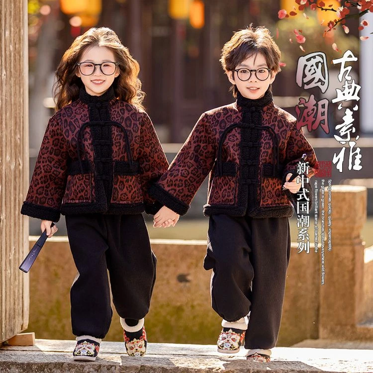 唐装冬季豹纹通用中小童儿童女童男童新中式加绒加厚中国风国潮