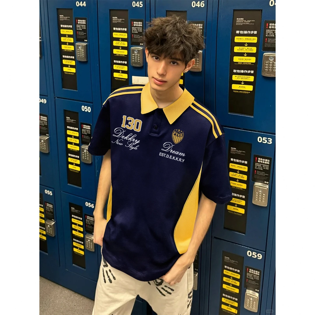 美式polo衫个性字母印花撞色翻领夏季男女百搭痞帅POLO短袖上衣