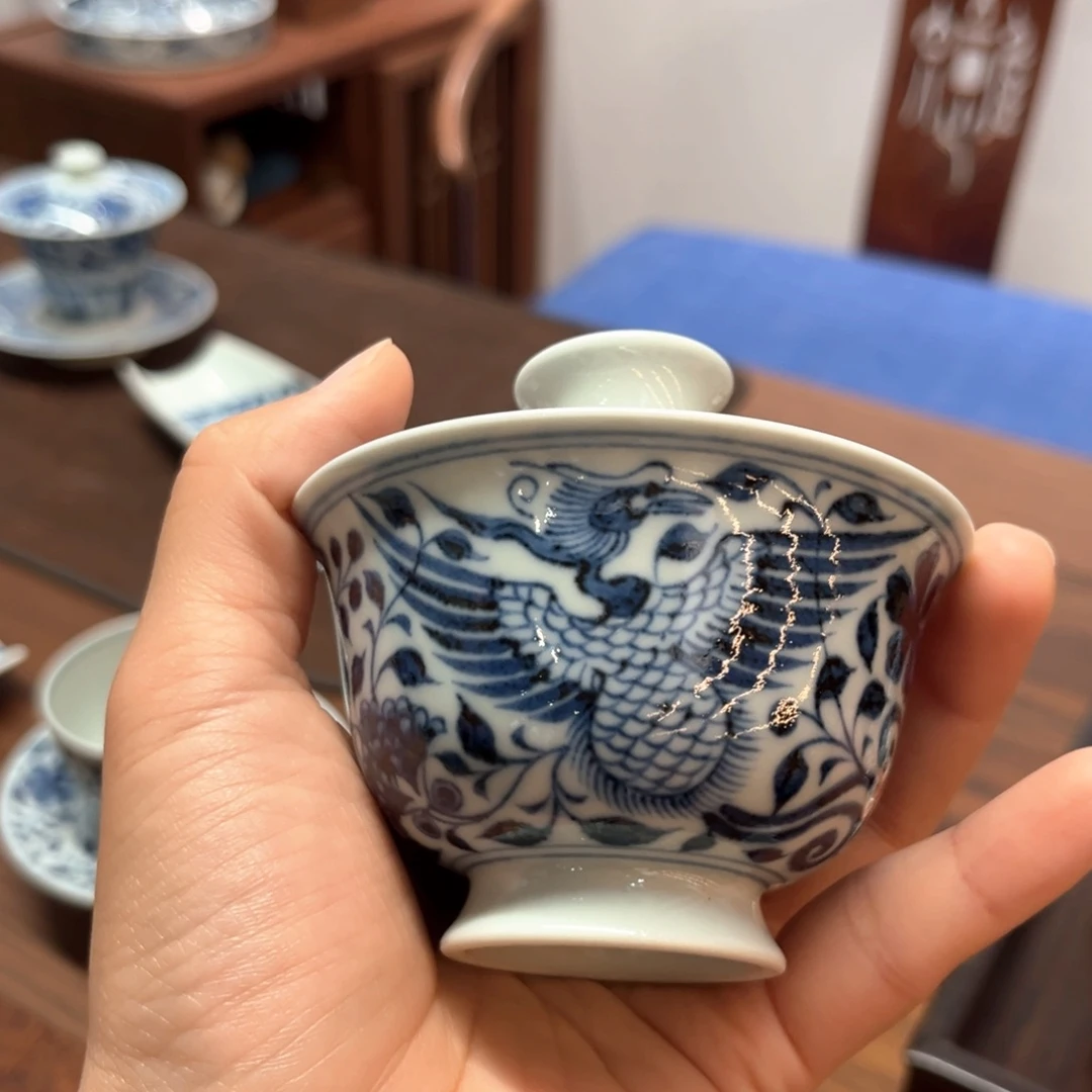 M***g青花双凤扁菊盖碗