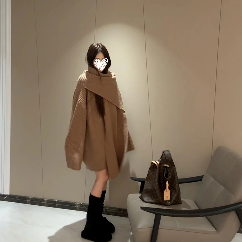 针织两件套保暖大被子毛衣超大围脖氛围感神器慵懒秋冬外套