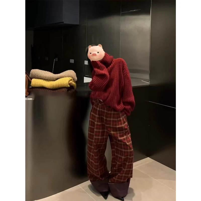 圣诞节穿搭新年红色高领套头毛衣女秋冬加厚宽松慵懒风针织衫上衣