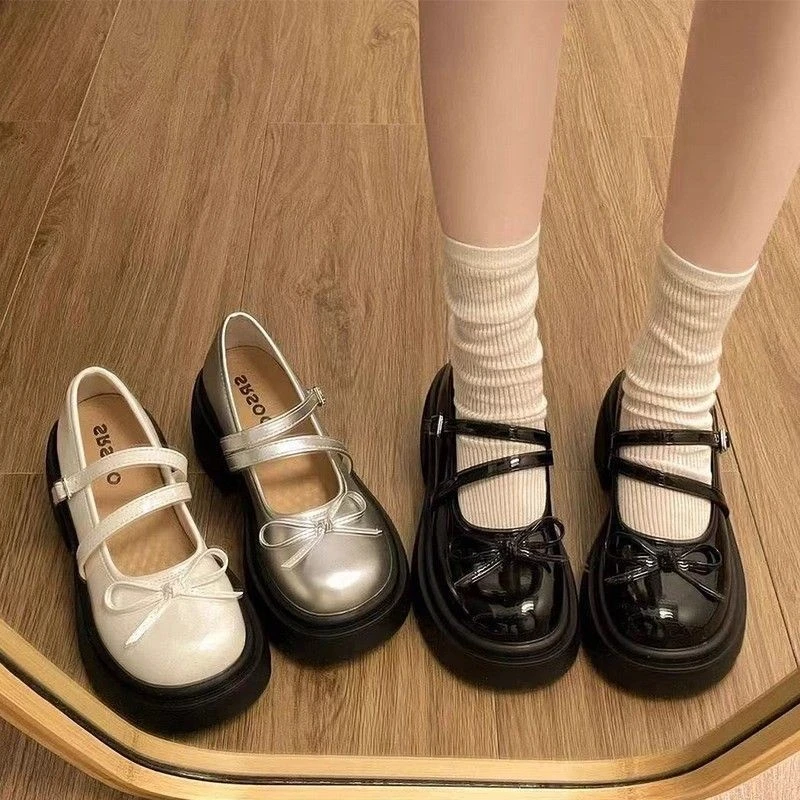 蝴蝶结粗高跟小皮鞋女2025春夏新款日系jk增高法式百搭玛丽珍单鞋