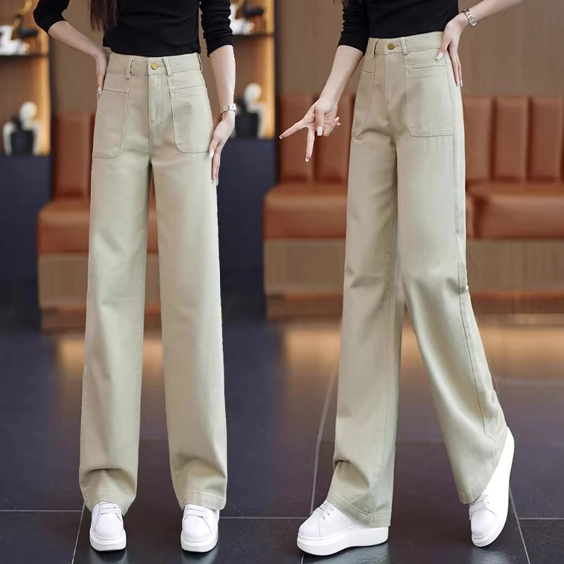 拉夏贝尔窄版阔腿牛仔裤女2025春秋时尚柔软百搭垂感休闲直筒裤女