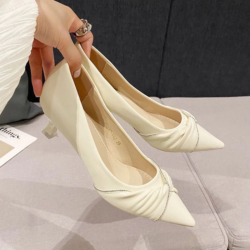 703法式高跟鞋女尖头2023年新款细跟水钻百搭黑色工作鞋女鞋