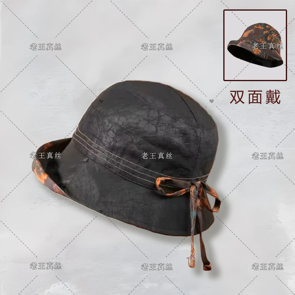 双面戴龟纹香云纱防晒帽小黄花新中式渔夫帽可调节遮阳帽MZA3