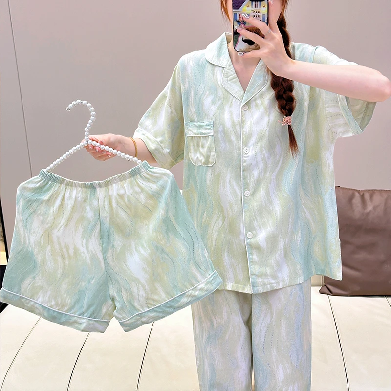 【流光】睡衣女夏季休闲新款纯色高级爆款开衫短袖长裤宽松家居服潮