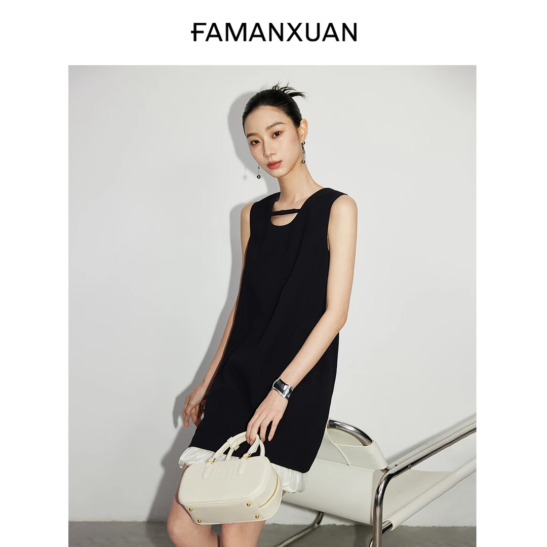 【诗语专属】法曼萱黑色赫本风宽松连衣裙女2025拼接时尚小黑裙