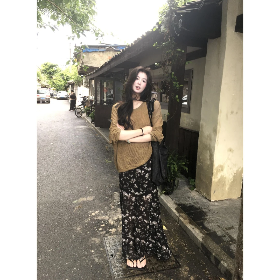 2025夏季韩版时尚通勤休闲风长袖防晒针织T恤设计感宽松显瘦上衣