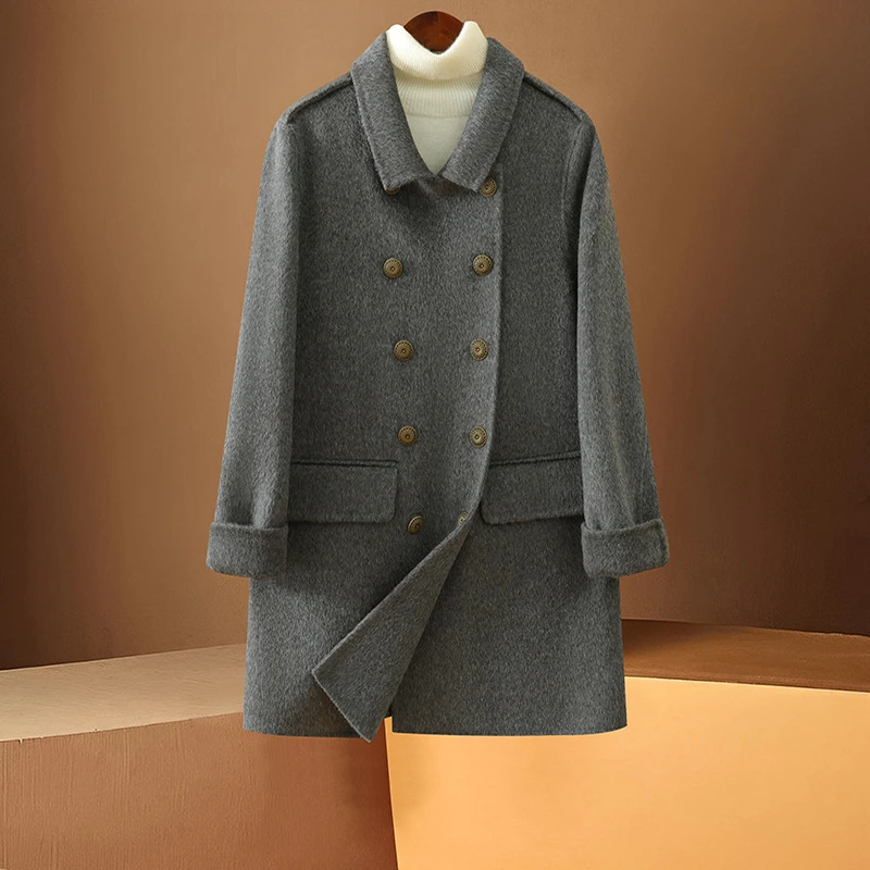 女式秋冬新款中长款翻领双排扣双面羊毛呢大衣时尚保暖女士毛呢外