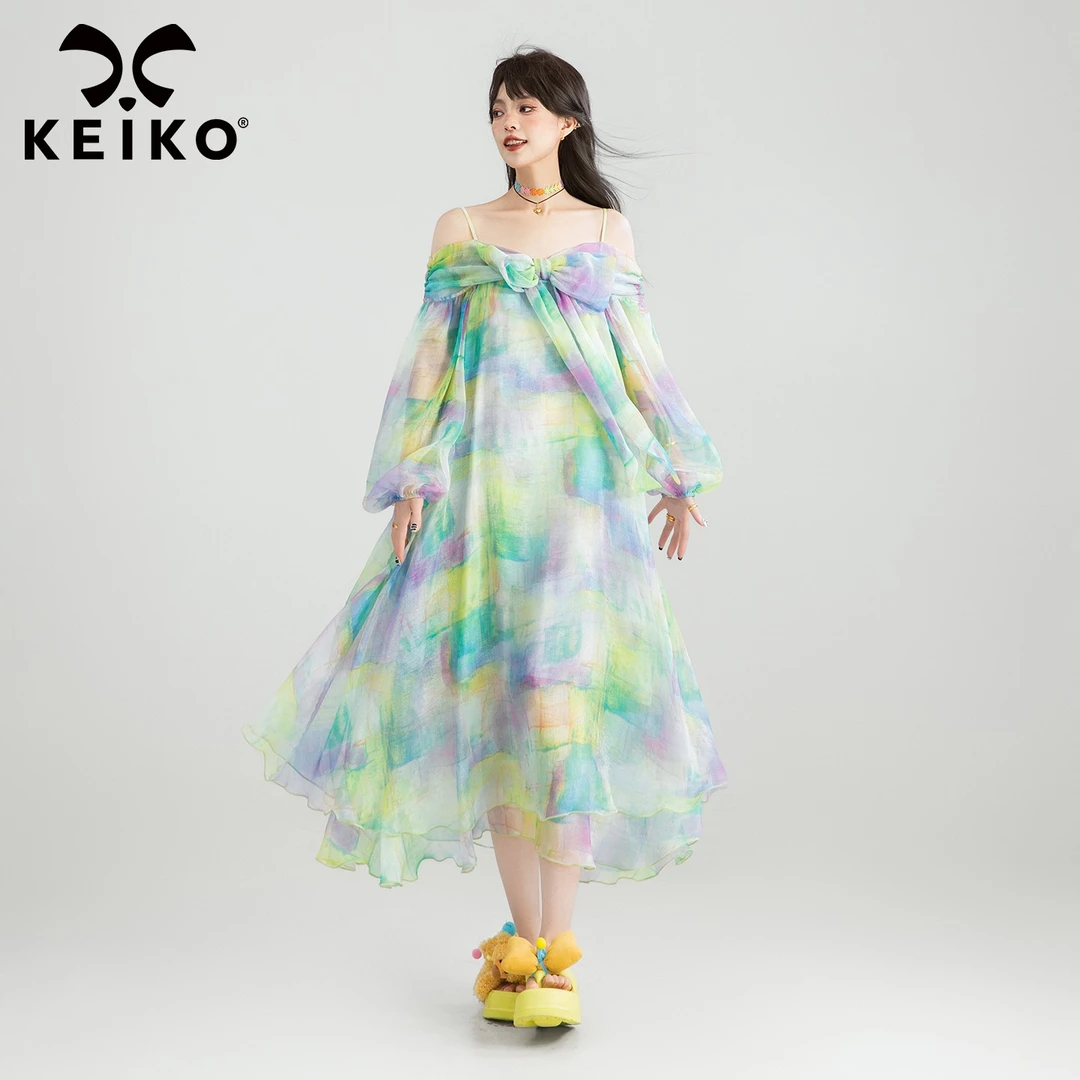 KEIKO 一字肩晕染薄纱吊带裙夏日绝美漂亮轻纱度假连衣裙仙女长裙
