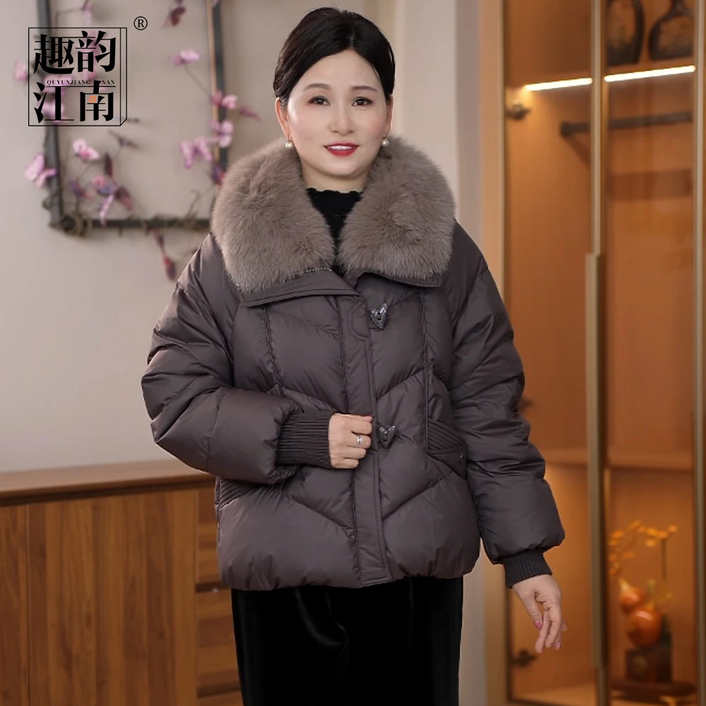 趣韵江南奶奶装狐狸毛领气质优雅时尚宽松秋冬保暖休闲50鹅绒服