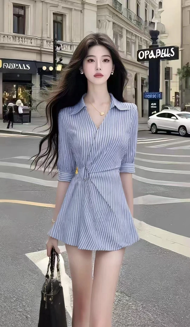 时尚轻职风休闲简约条纹连衣裙女蓝色V领短袖收腰设计感显瘦短裙