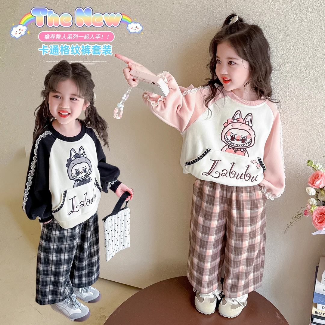女童花边袖休闲套装洋气小女孩春秋装女宝宝格子阔腿裤两件套潮